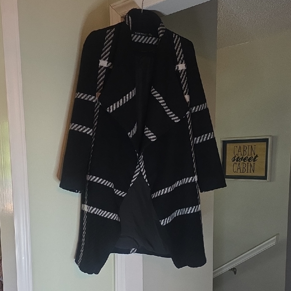 Black Tape_ Pea Coat Dress Jacket Size M Plaid Open Front Wool Blend